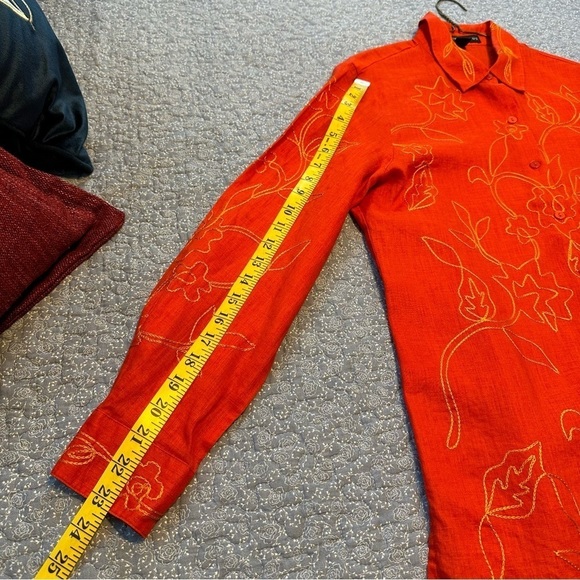Josephine Chaus Blouse Linen Embroidered Vibrant Orange Shirt Button Up Size 8 - Picture 13 of 13